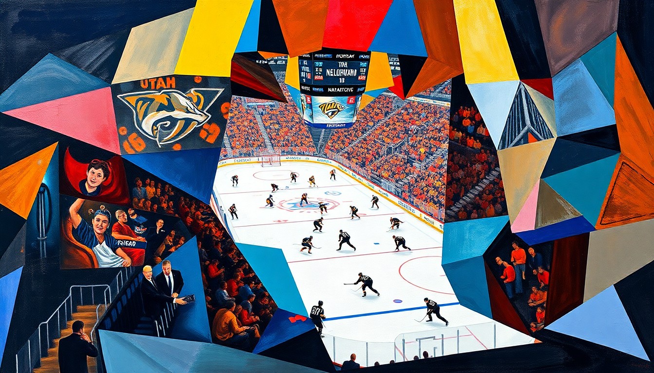 A cubist, geometric painting depicting the energy and movement of a hockey game, with players and the crowd represented through bold, angular shapes and vibrant colors.