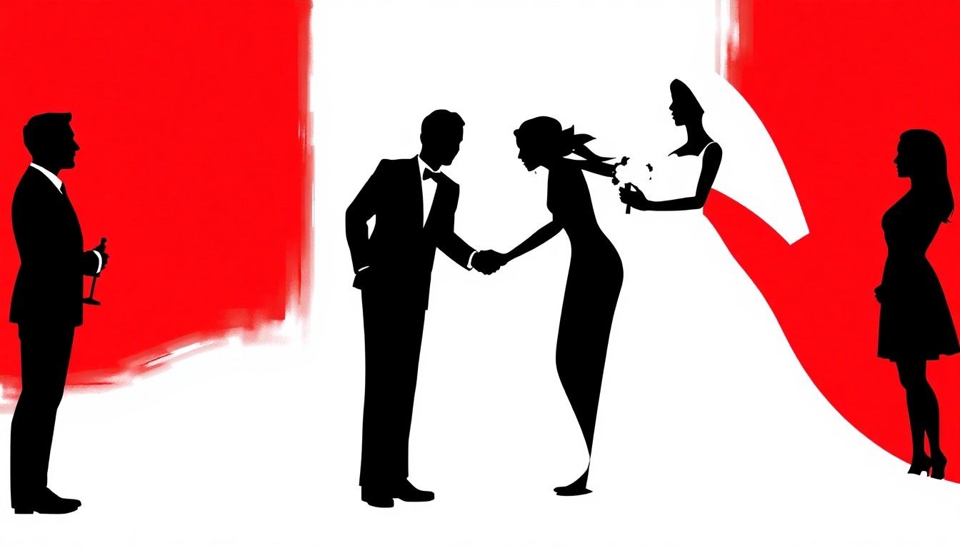 An abstract, minimalist illustration featuring bold black silhouettes and high-contrast solid colors, conceptually representing the idea of a celebrity wedding without depicting any specific people or details.