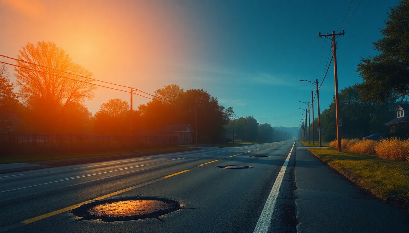 A serene, painterly scene of a pothole-filled road in a small Midwestern city, with warm sunlight and deep shadows creating a sense of melancholy and nostalgia.