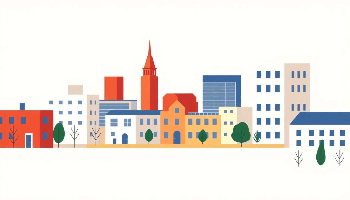 A vibrant abstract illustration composed of overlapping triangles and circles in shades of blue, red, and yellow, conceptually representing a city offering financial incentives to attract new residents.