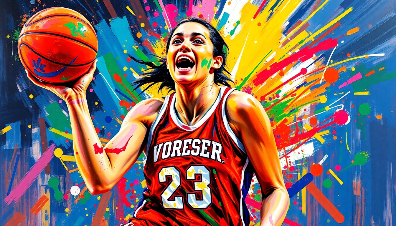 An abstract, expressionist painting in neon colors, featuring rapid brushstrokes and dissolving figures that convey the raw emotion and passion of a women's basketball game.