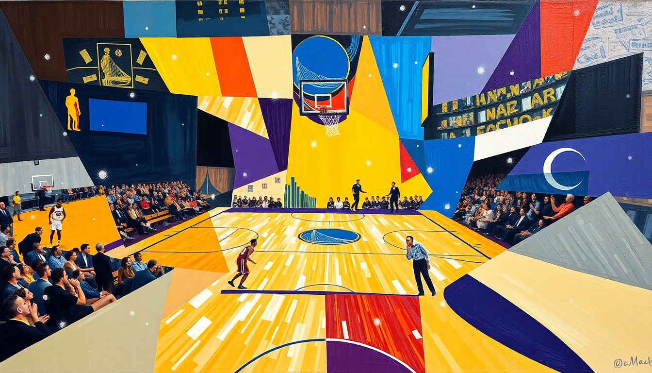 A fragmented, geometric painting depicting a basketball game, with sharp planes of color and overlapping shapes representing the action on the court.