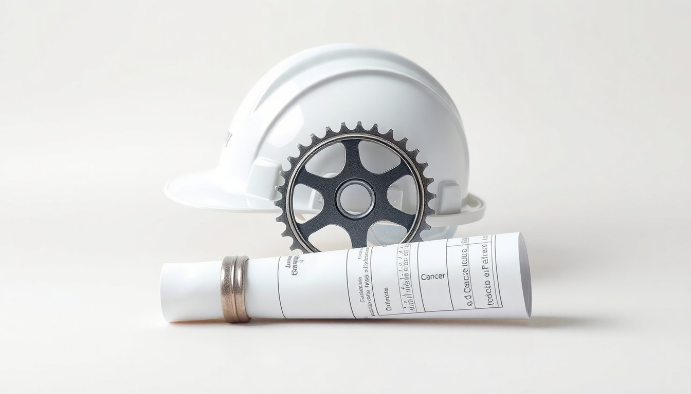 A photorealistic studio still-life featuring a metallic bicycle gear, a white hardhat, and a rolled-up blueprint, symbolizing the intersection of construction, transportation, and cancer research in Polyglass' fundraising efforts.
