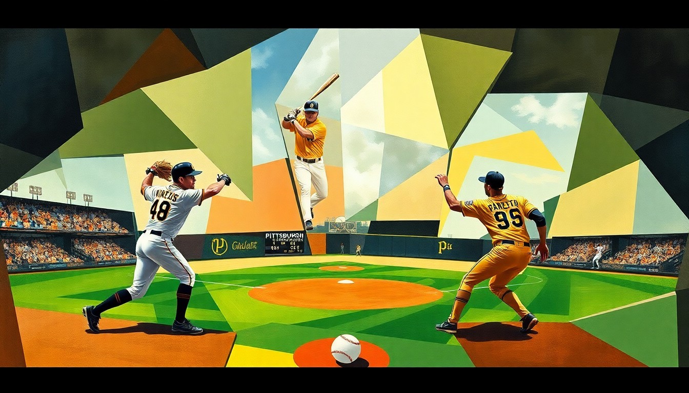 A fragmented, cubist-style painting depicting a baseball game in progress, with the players' forms broken down into overlapping geometric shapes and planes of vibrant color, conveying the dynamic energy and strategic complexity of the sport.