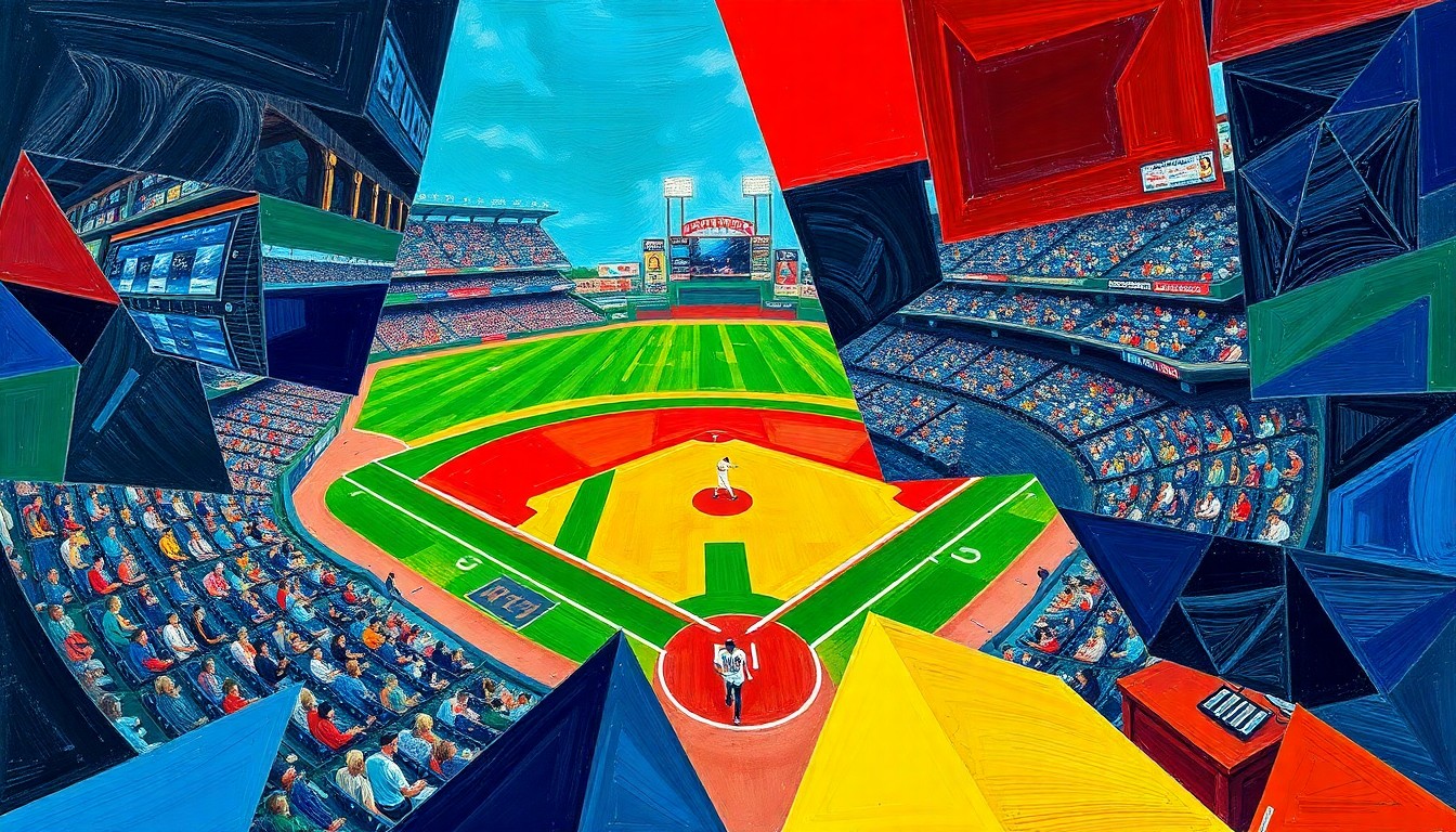 A cubist, geometric painting depicting a baseball game broken down into overlapping planes of navy blue, emerald green, and crimson red, conceptually representing the fragmented viewing experience of modern sports fans.