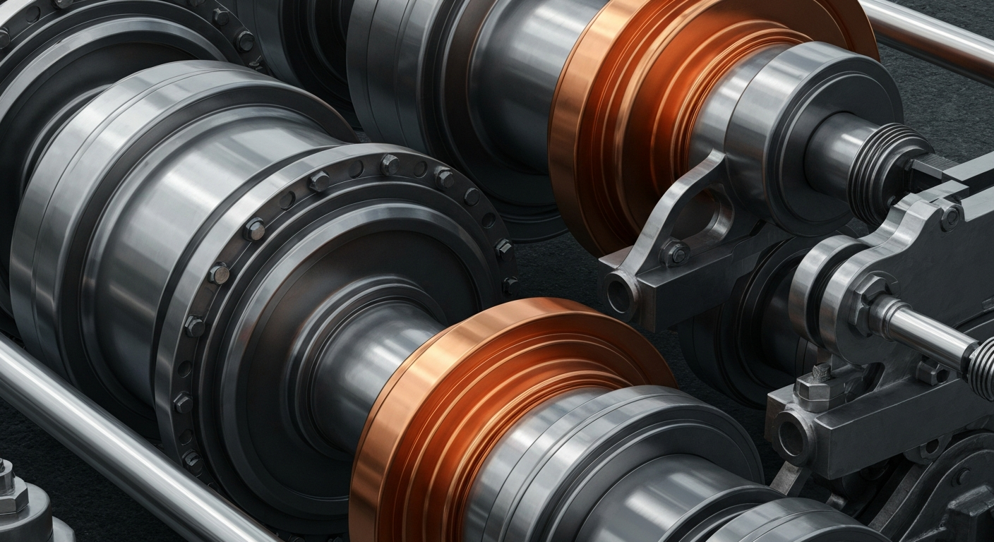 An extreme close-up of gleaming, industrial oil and gas extraction equipment, conveying the physical and financial heft of the energy industry without using any text or symbols.