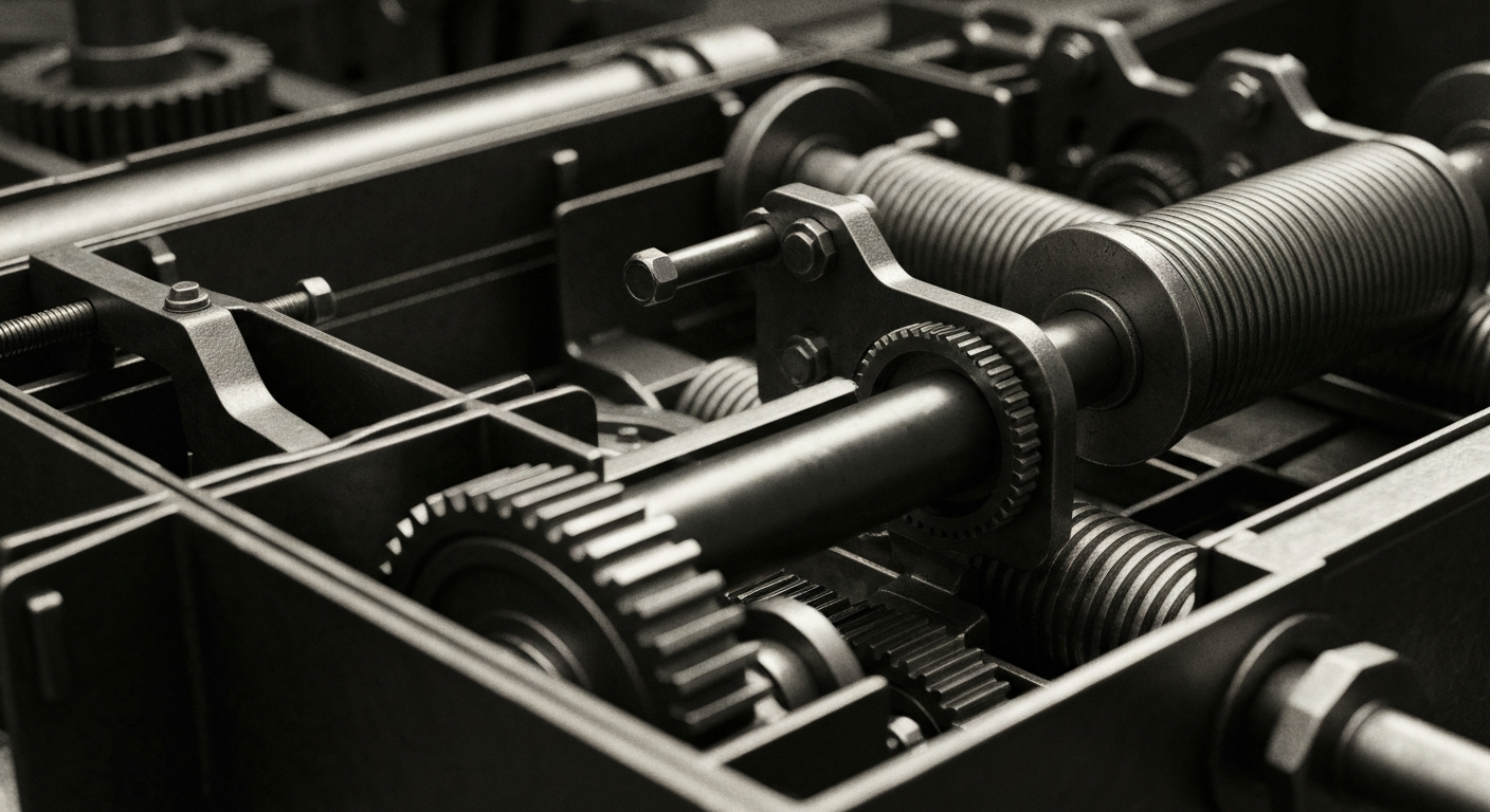 A close-up photograph of heavy, industrial banking equipment and machinery, including gears, levers, and metal casings, conveying the tangible, mechanical nature of financial institutions and wealth management.