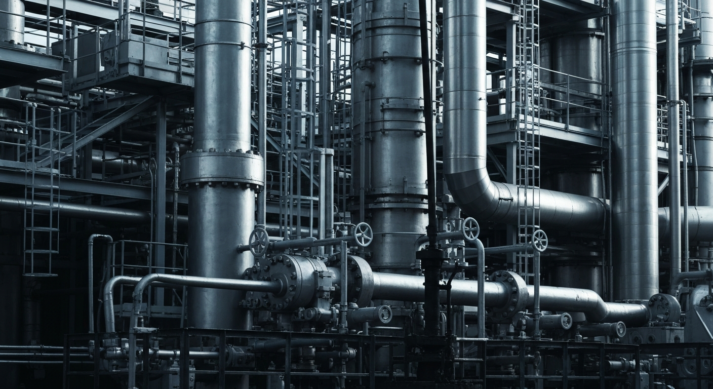 A highly detailed, black and white close-up image of the gears, pipes, and mechanical components of an industrial oil refinery, conveying the intricate financial infrastructure of the energy sector.