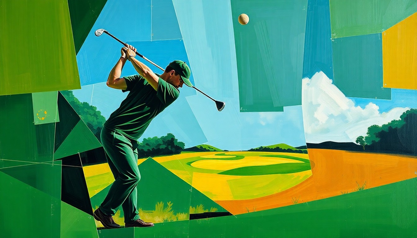 A cubist-style painting depicting a golfer's swing broken down into sharp, overlapping geometric shapes in shades of green, blue, and ochre, conceptually representing the mental and physical challenges of professional sports.