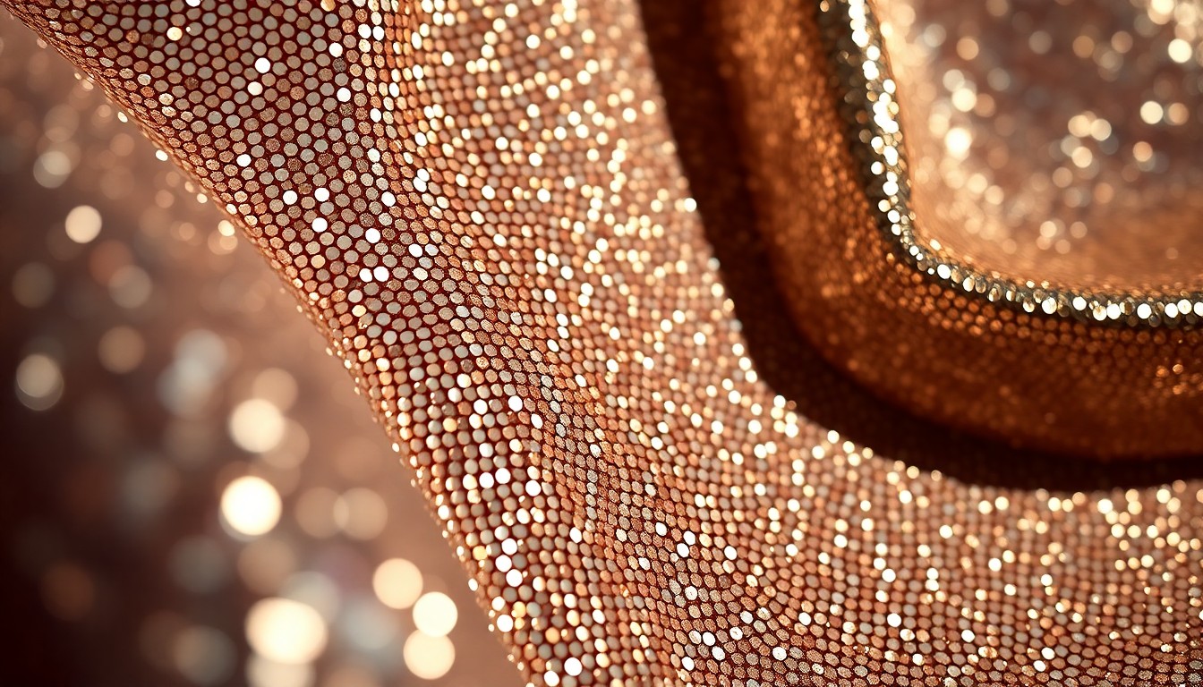 An extreme close-up photograph of shimmering, metallic sequins in a vibrant, high-contrast composition, conceptually representing the glamour and excitement of celebrity culture.