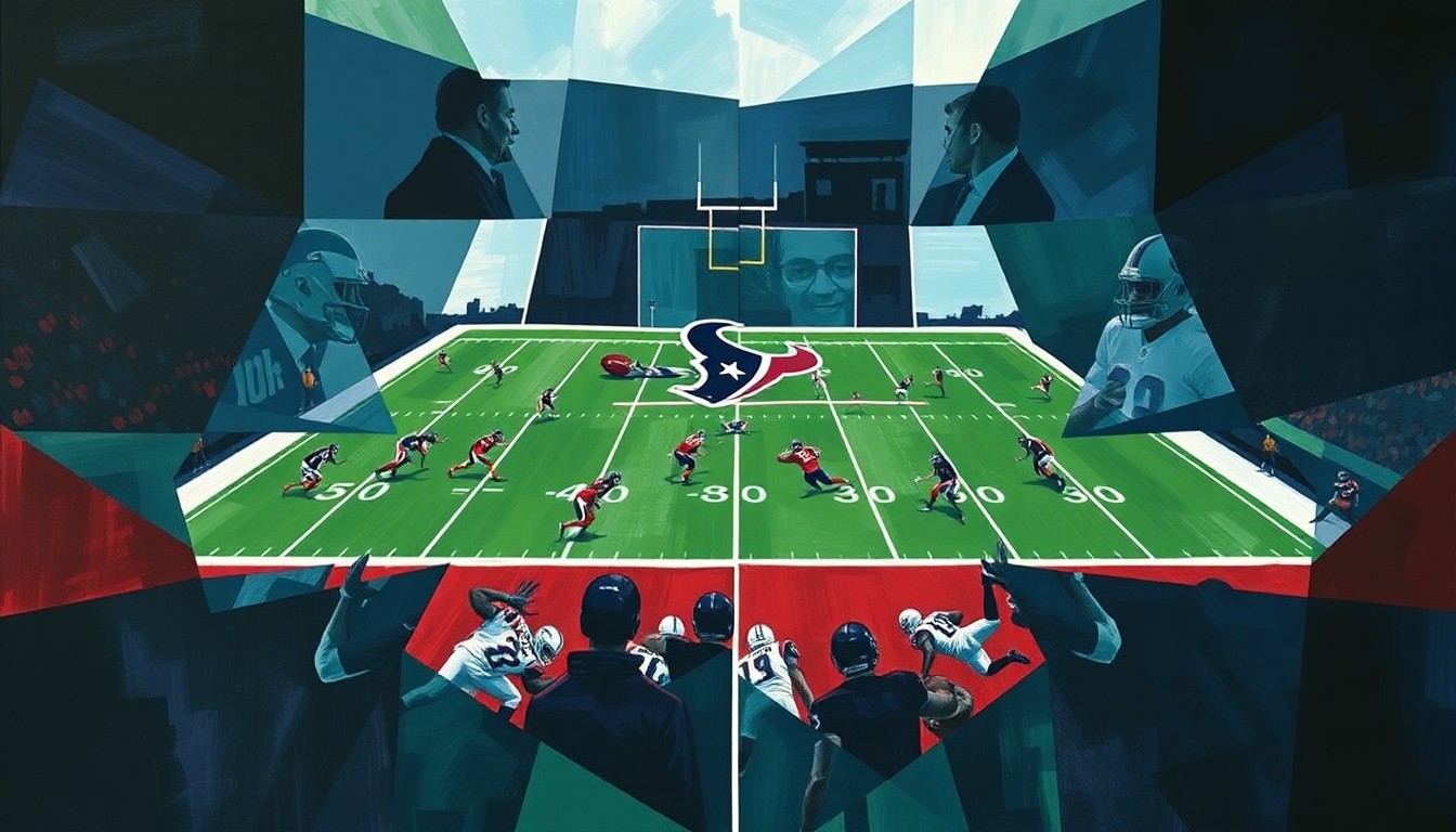A fractured, geometric painting in bold blues, greens, and reds, depicting an abstracted football game or match with angular, overlapping forms representing the players and field, conveying the complex decision-making facing the Houston Texans organization.