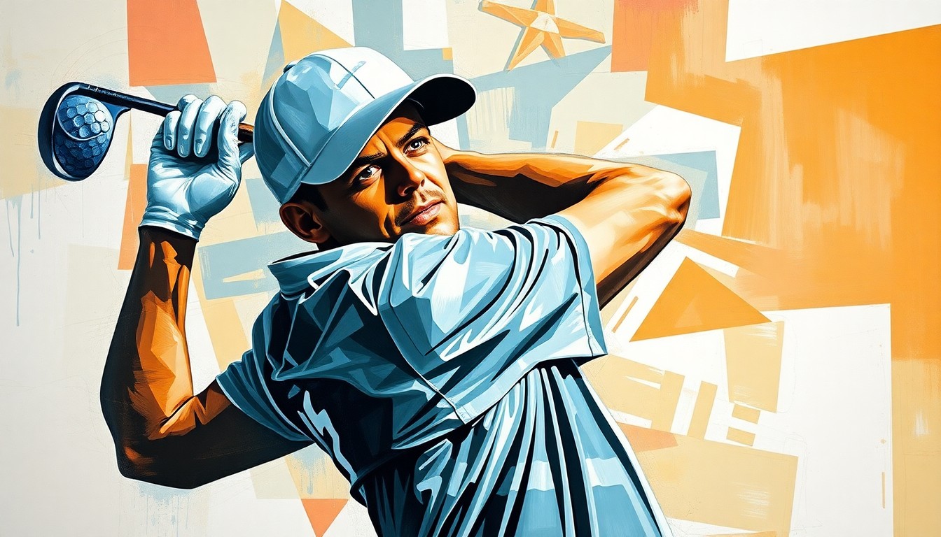 A fractured, multi-perspective painting depicting the dynamic motion of a golfer's swing, with sharp, overlapping geometric planes in a cubist style that obscures the golfer's face and focuses on the raw athleticism of the sport.