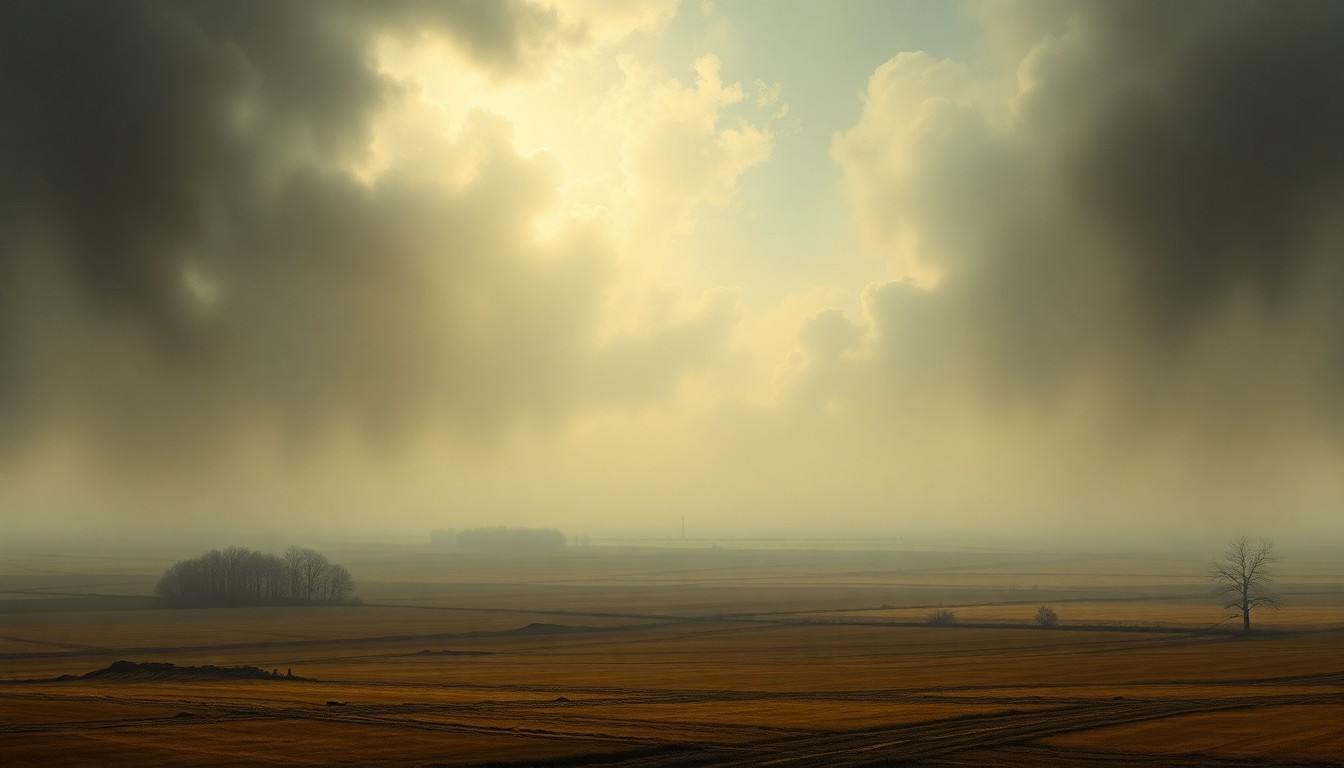 A sweeping, atmospheric landscape painting in muted tones of grey, blue, and green, with a faint outline of a damaged pipeline barely visible in the distance, conveying the overwhelming scale and melancholic mood of the environmental disaster.