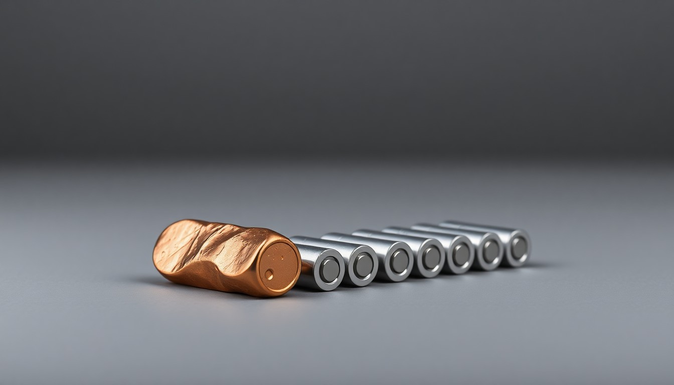 A photorealistic studio still life featuring a polished copper ingot and lithium-ion battery cells arranged on a clean, monochromatic grey background, symbolizing the growing global competition for critical mineral supplies.