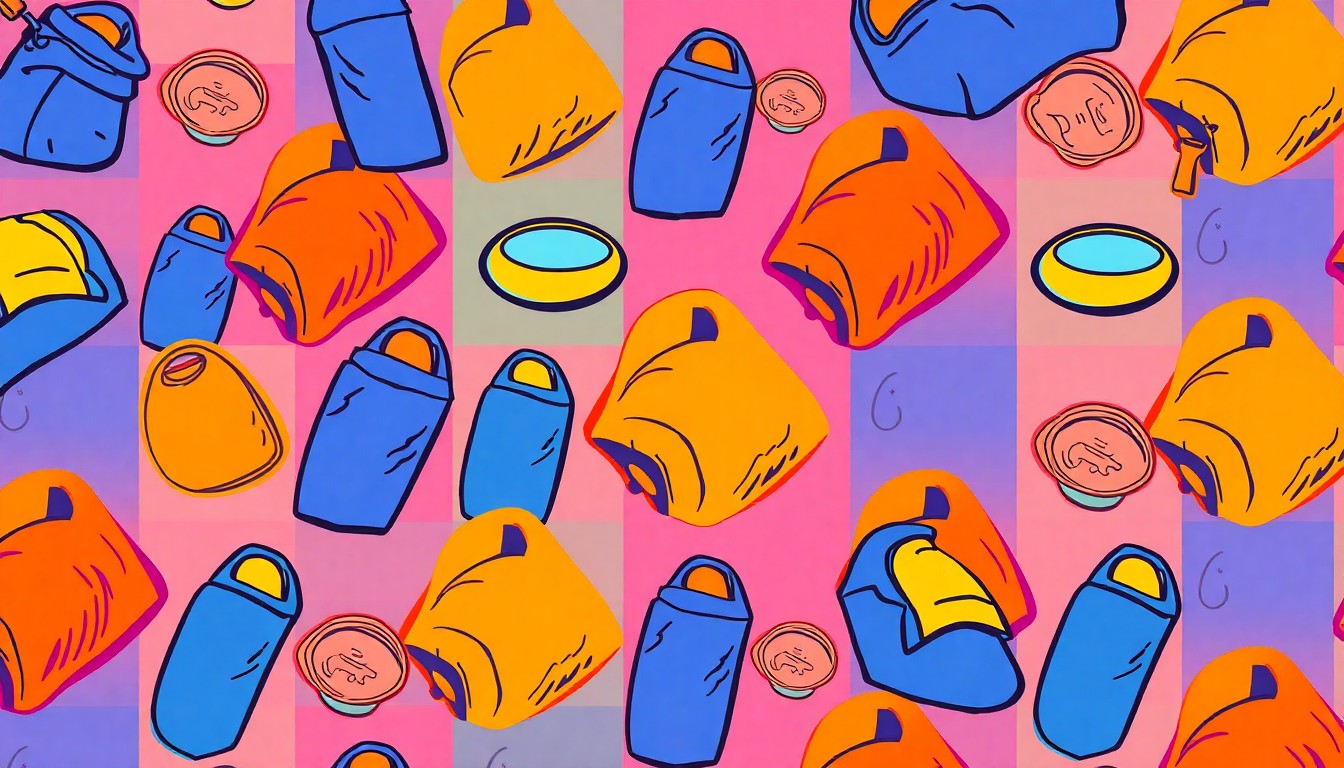 A vibrant, silkscreen-style grid of a single homeless shelter object, such as a sleeping bag or park bench, rendered in a pop art style with bold, neon colors and heavy black outlines, conceptually representing the resources available to support the homeless community.