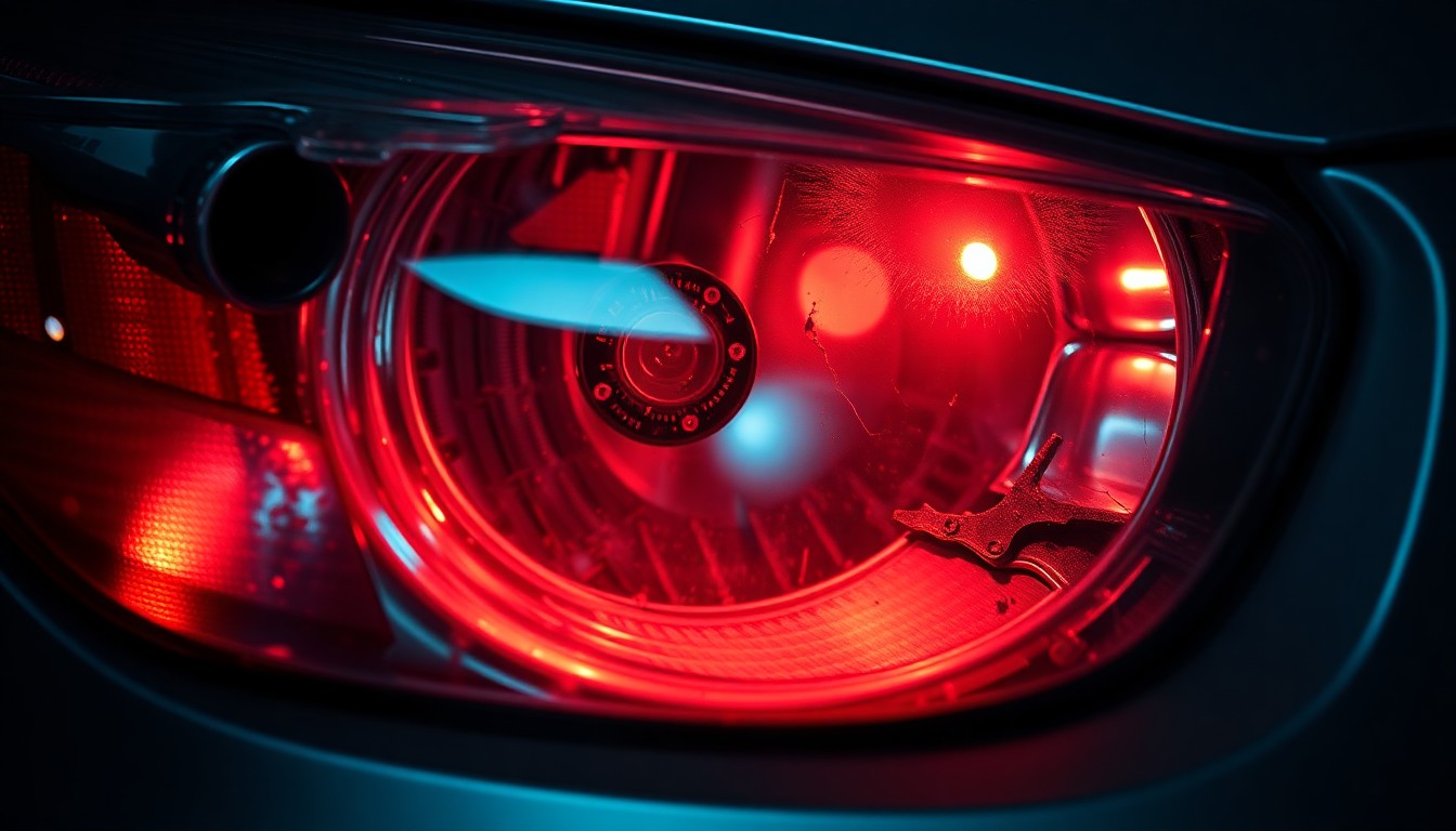 An extreme close-up photograph of a damaged car headlight lens reflecting a faint red light, conceptually illustrating the aftermath of a drunk driving incident without depicting actual violence or victims.