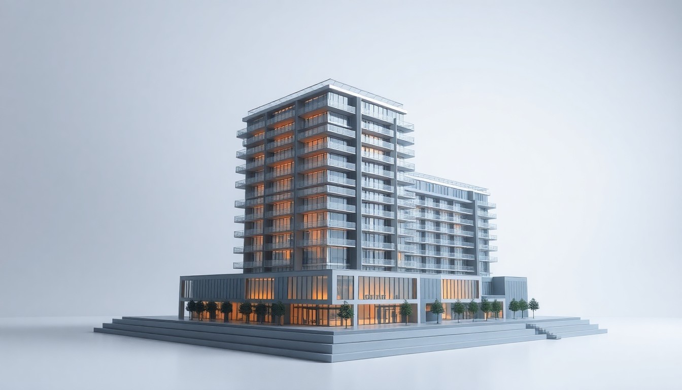 A photorealistic studio still life featuring a sleek, metallic architectural model of the Centtral Aventura mixed-use building, conveying a sense of scale, sophistication, and forward momentum through dramatic lighting and minimalist design.