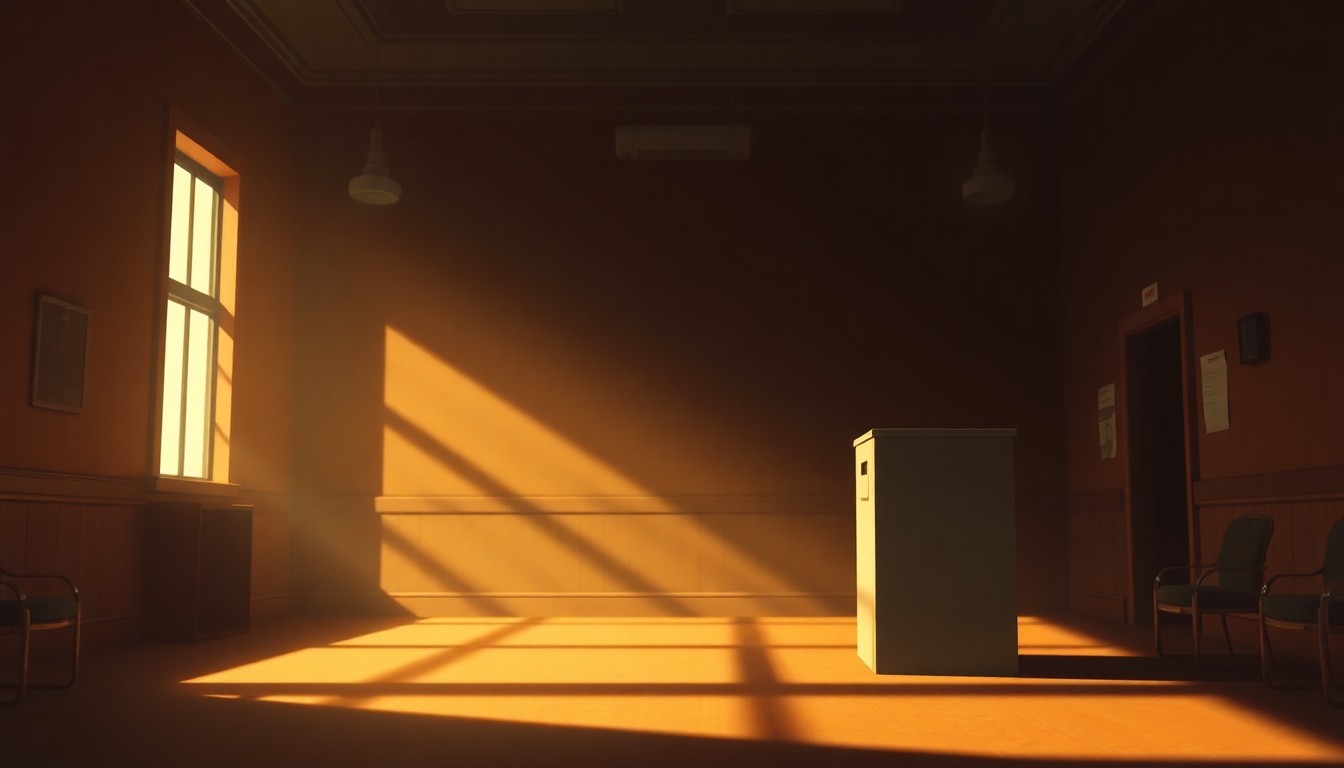 A cinematic painting of a lone ballot box sitting on a desk in a dimly lit government office, the box bathed in warm, diagonal sunlight and deep shadows, conceptually representing the political debate over primary election rules.