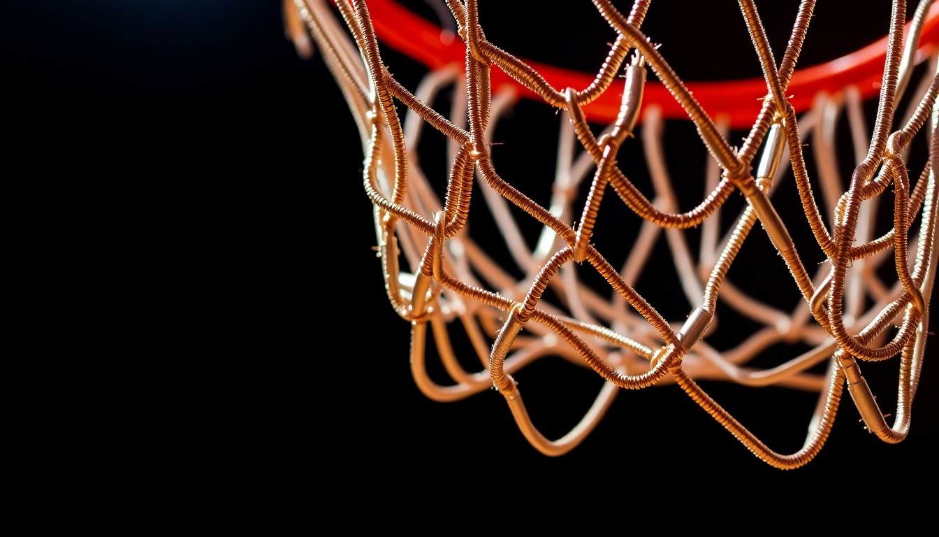 An extreme close-up photograph of a shimmering, glittering basketball net texture, captured in dramatic, high-contrast studio lighting to convey a sense of glamour and energy around the WNBA's expansion.