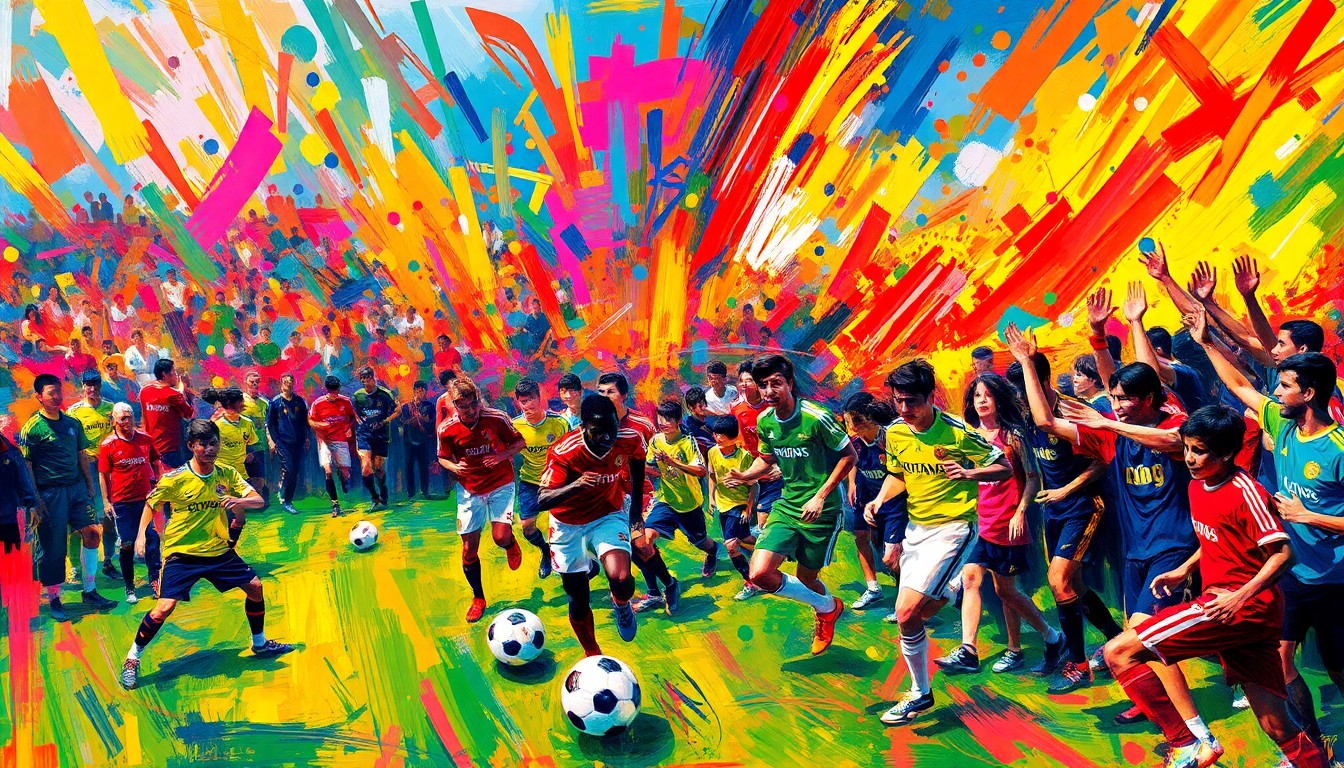 An abstract, expressionist painting in neon colors depicting a large crowd of people gathered for a lively soccer event, their forms and movements blending together in a dynamic, energetic composition.