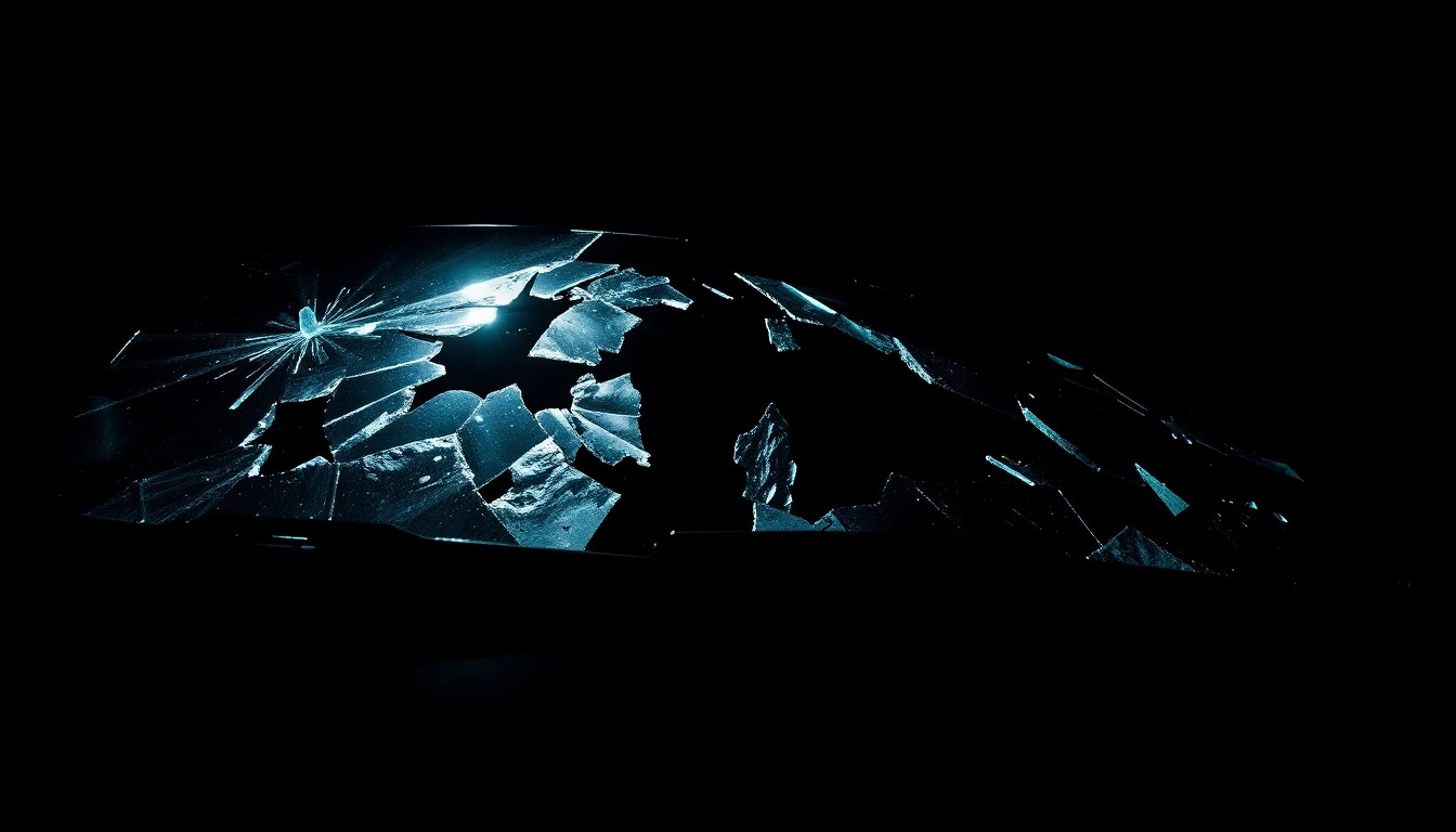 An extreme close-up photograph of a shattered car windshield or other damaged vehicle component, lit by a harsh, direct camera flash against a pitch-black background, conceptually representing the aftermath of a tragic car crash.