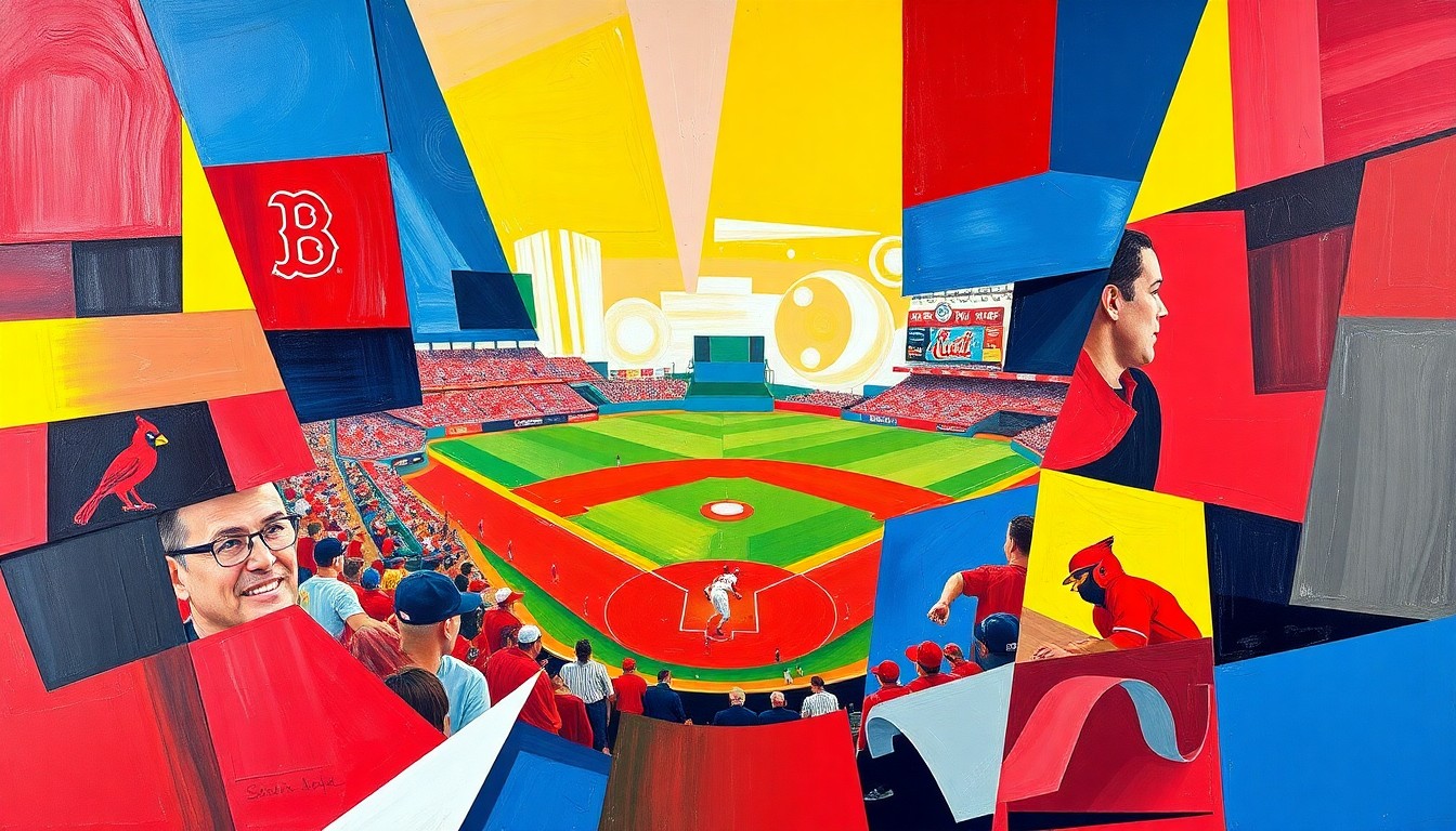 A cubist-style painting featuring overlapping geometric shapes and planes in shades of red, blue, and yellow, conceptually representing the action and energy of a baseball game between the Boston Red Sox and St. Louis Cardinals.