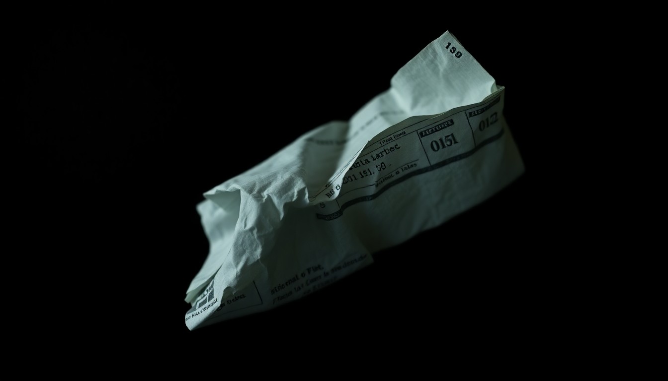 An extreme close-up photograph of a crumpled financial document, lit by a harsh, direct camera flash against a pitch-black background, creating a stark, gritty, investigative aesthetic.