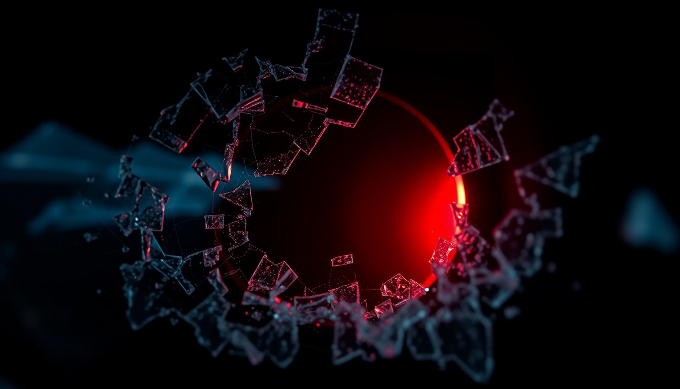 An extreme close-up photograph of a shattered car sensor lens reflecting a faint red light, conceptually illustrating the aftermath of reckless high-speed driving.