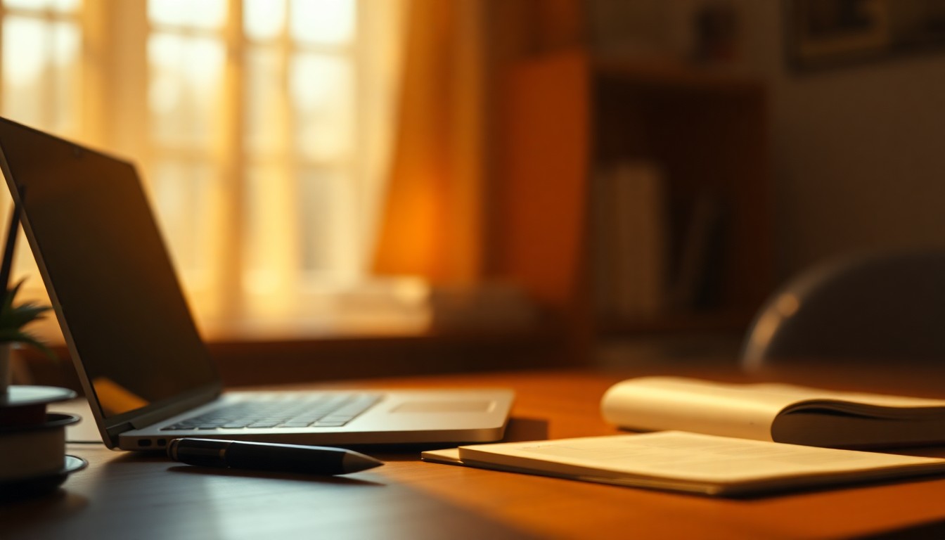 An extremely abstracted, out-of-focus photograph of a writer's desk with a laptop, pen, and notebook, composed entirely of soft pools of warm color and light, conceptually representing the need to protect authors' freedom of expression.