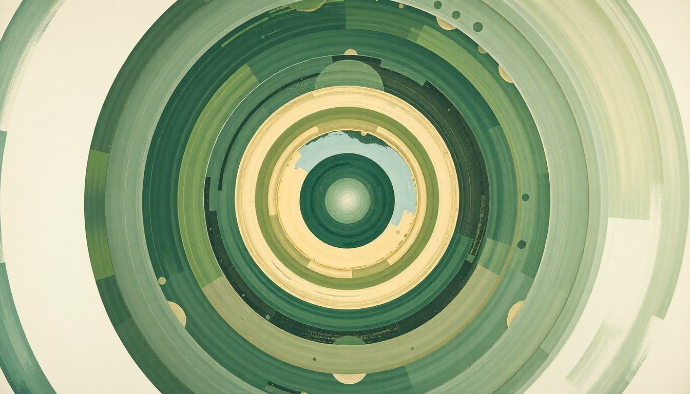 An abstract, highly structured painting in muted earth tones, featuring sweeping geometric arcs, concentric circles, and precise botanical spirals, conveying the complex scientific forces and fragile interconnectedness of natural systems under threat from climate change.