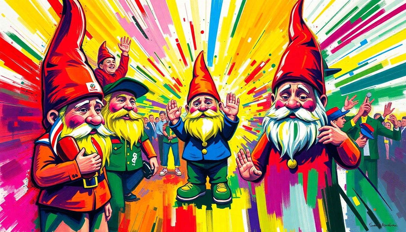 An abstract, expressionist painting featuring bold, vibrant brushstrokes in neon colors that capture the energy and excitement of golf fans eagerly awaiting the release of a limited-edition Masters gnome collectible.