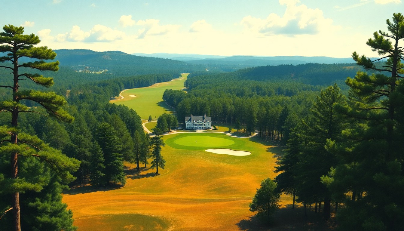 A vast, majestic landscape painting depicting the rolling hills and pine trees of Augusta National Golf Club under a clear, sunny sky, with the course's iconic structures dwarfed by the overwhelming scale of the natural setting.