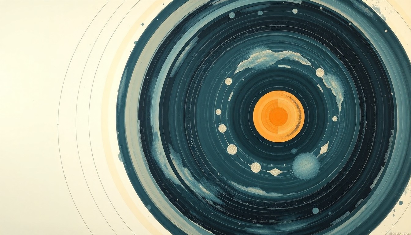 A bold, geometric abstract painting in soft colors, resembling a massive scientific diagram with sweeping arcs, concentric circles, and precise spirals, conveying a sense of the structural order underlying unexplained celestial events.