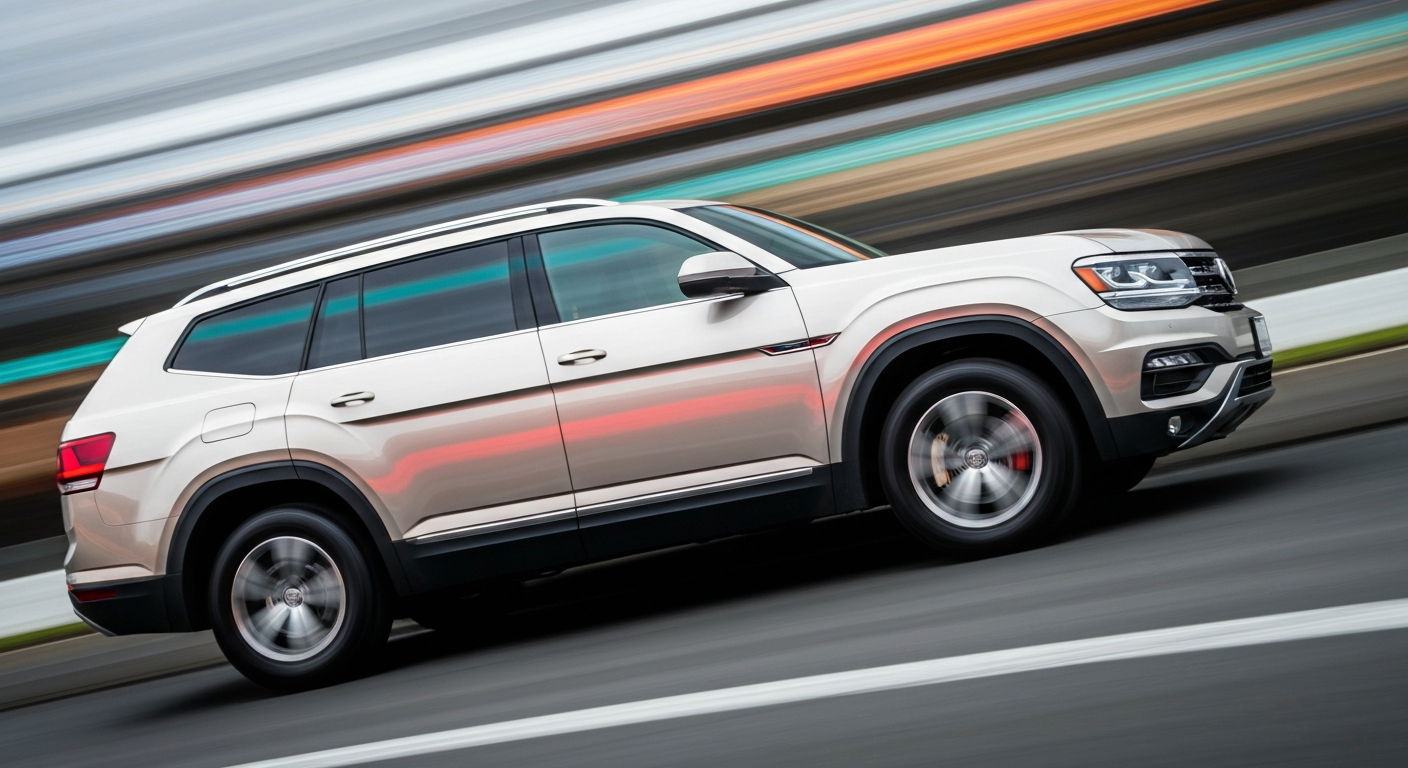 An abstract, blurred image of a Volkswagen Atlas SUV in motion, conveying a sense of speed and modern engineering through sweeping streaks of color.