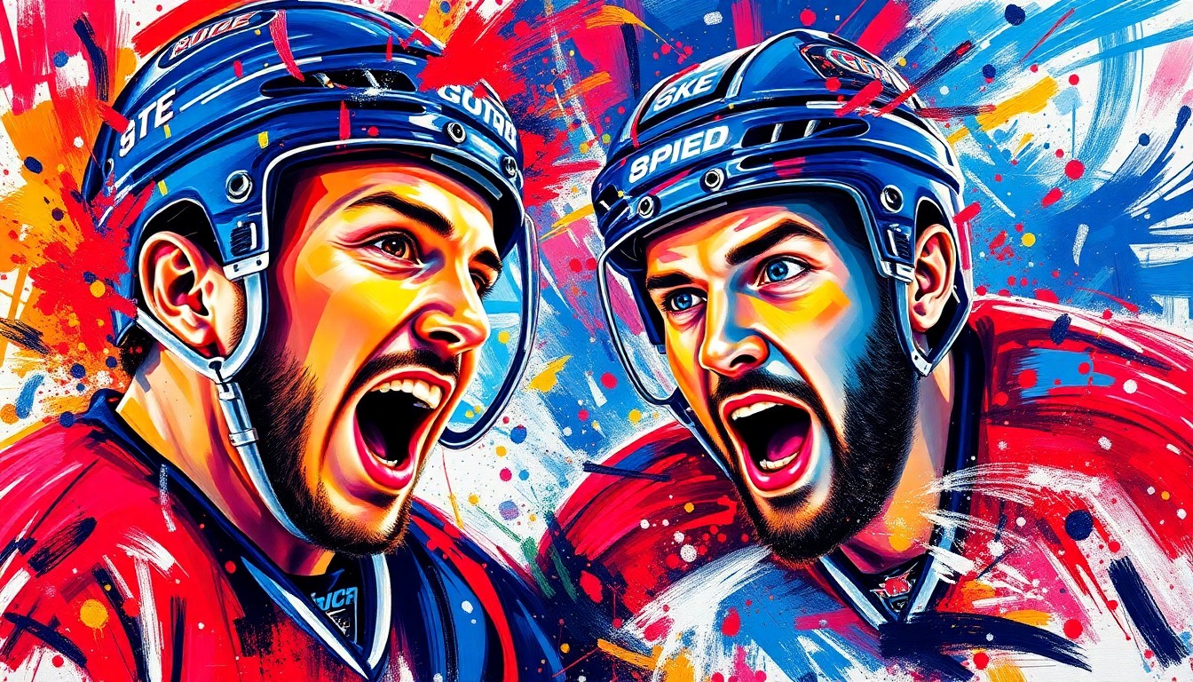 An abstract expressionist painting in vibrant neon colors, with sweeping brushstrokes capturing the energy and excitement of a hockey game, the faces of the two Ryans blending into the composition.