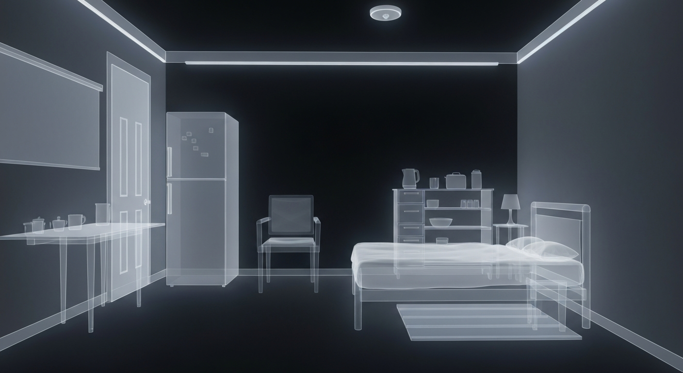 A ghostly, translucent X-ray photograph revealing the internal structure of a small, simple studio apartment with basic furnishings, creating a serene, clinical atmosphere to illustrate a new addiction treatment program focused on integrated housing and care.