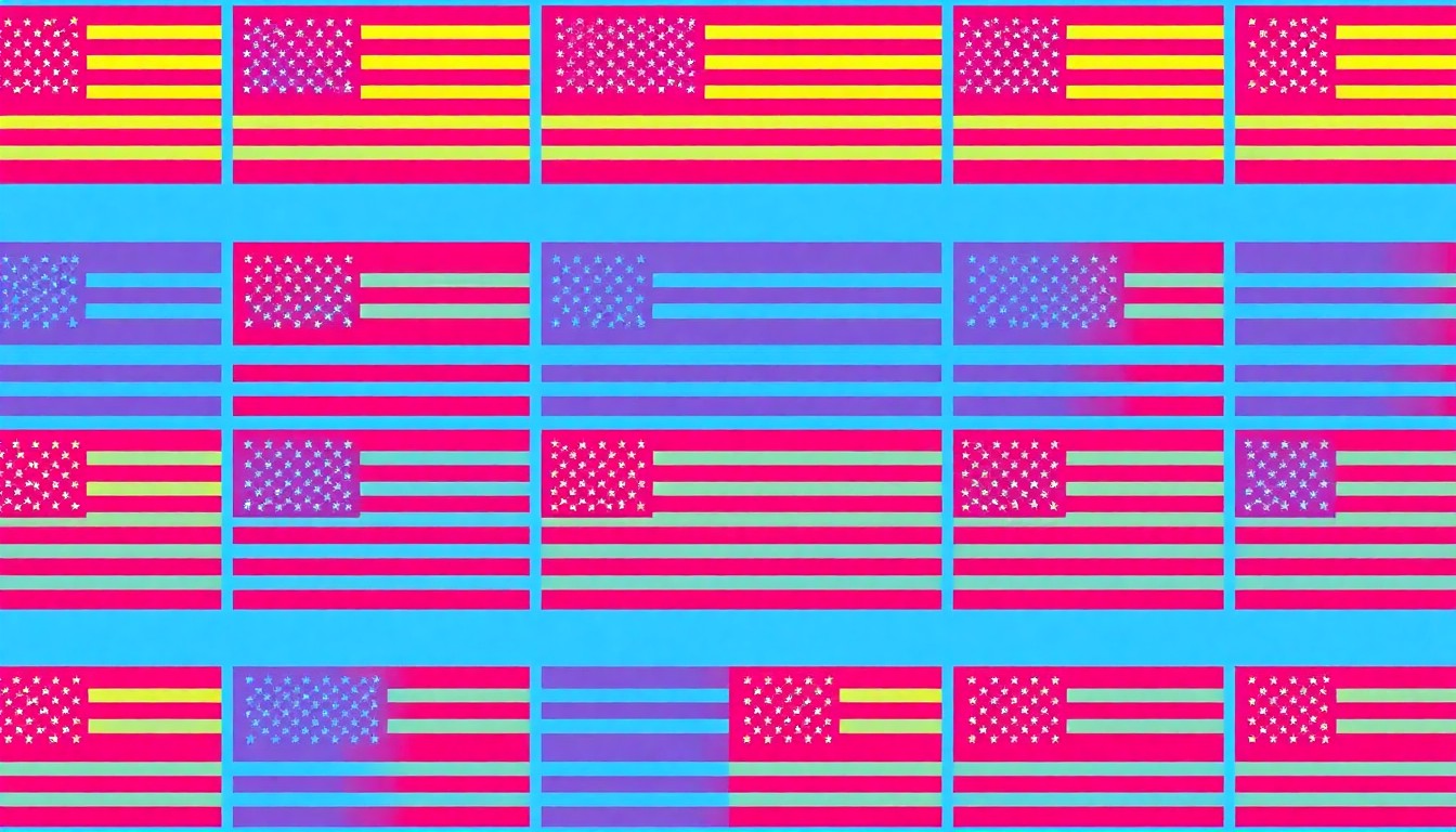 A bold, colorful silkscreen-style illustration featuring a repeated American flag icon in a grid pattern, conveying the patriotic themes of the education bills passed in Alabama.