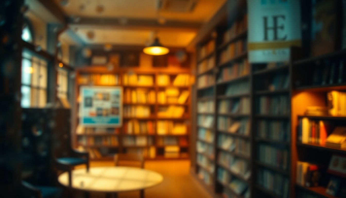 An abstract, impressionistic photograph of blurred bookshelves and reading areas, conveying the cozy atmosphere and importance of public libraries as community hubs.