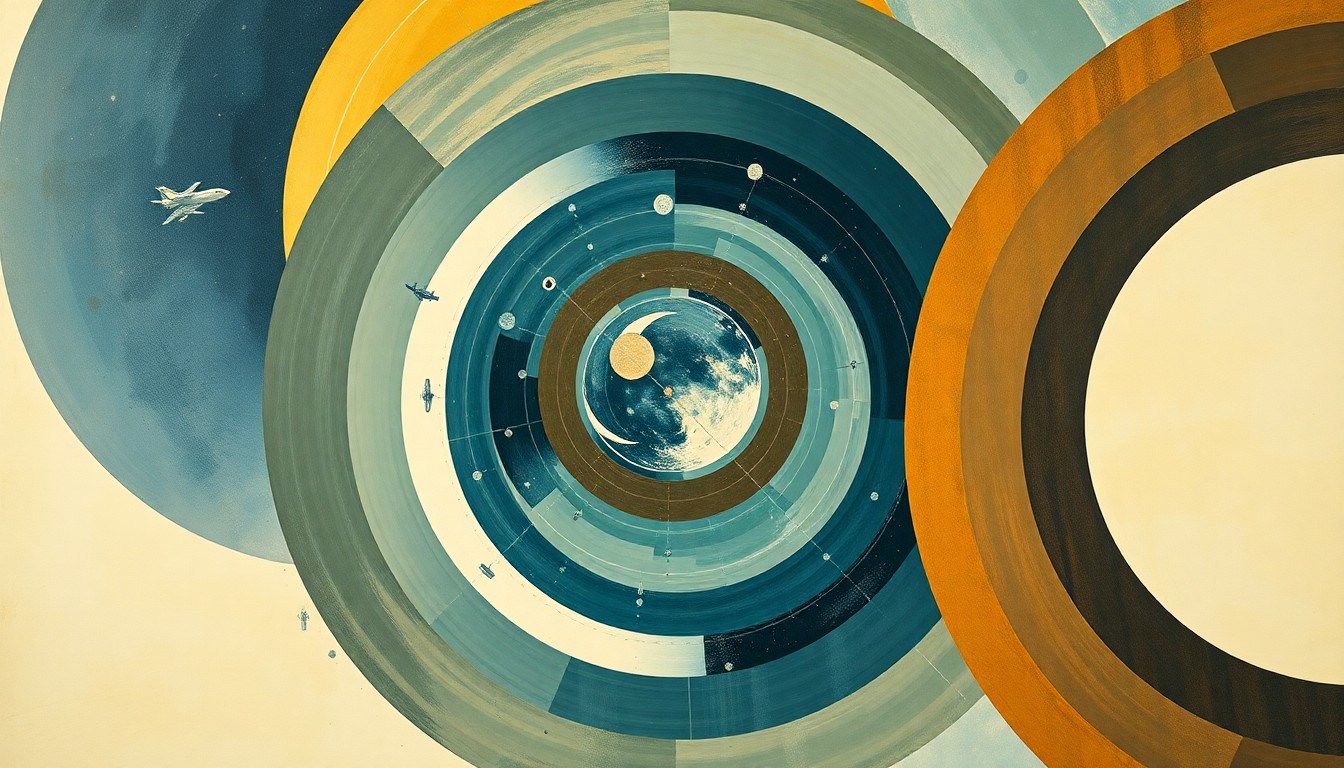 A bold, abstract painting in the style of Hilma af Klint, featuring sweeping geometric arcs, concentric circles, and precise spirals in earthy tones of blue, green, and gold, conceptually representing the complex forces and concepts of space travel and lunar exploration.