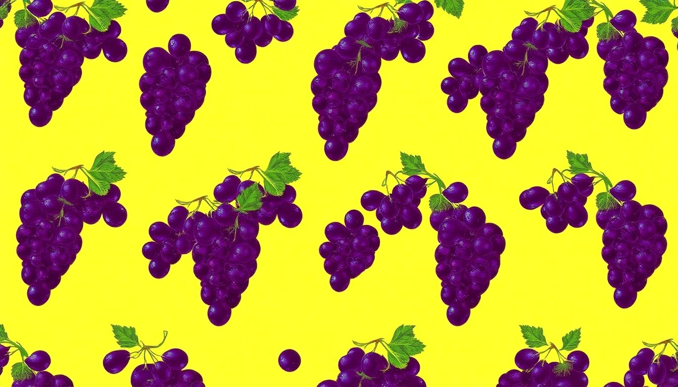 A bold, colorful silkscreen-style illustration featuring a repeating grid pattern of plump purple grapes, conceptually representing the agricultural heritage and celebratory spirit of the Tontitown Grape Festival.