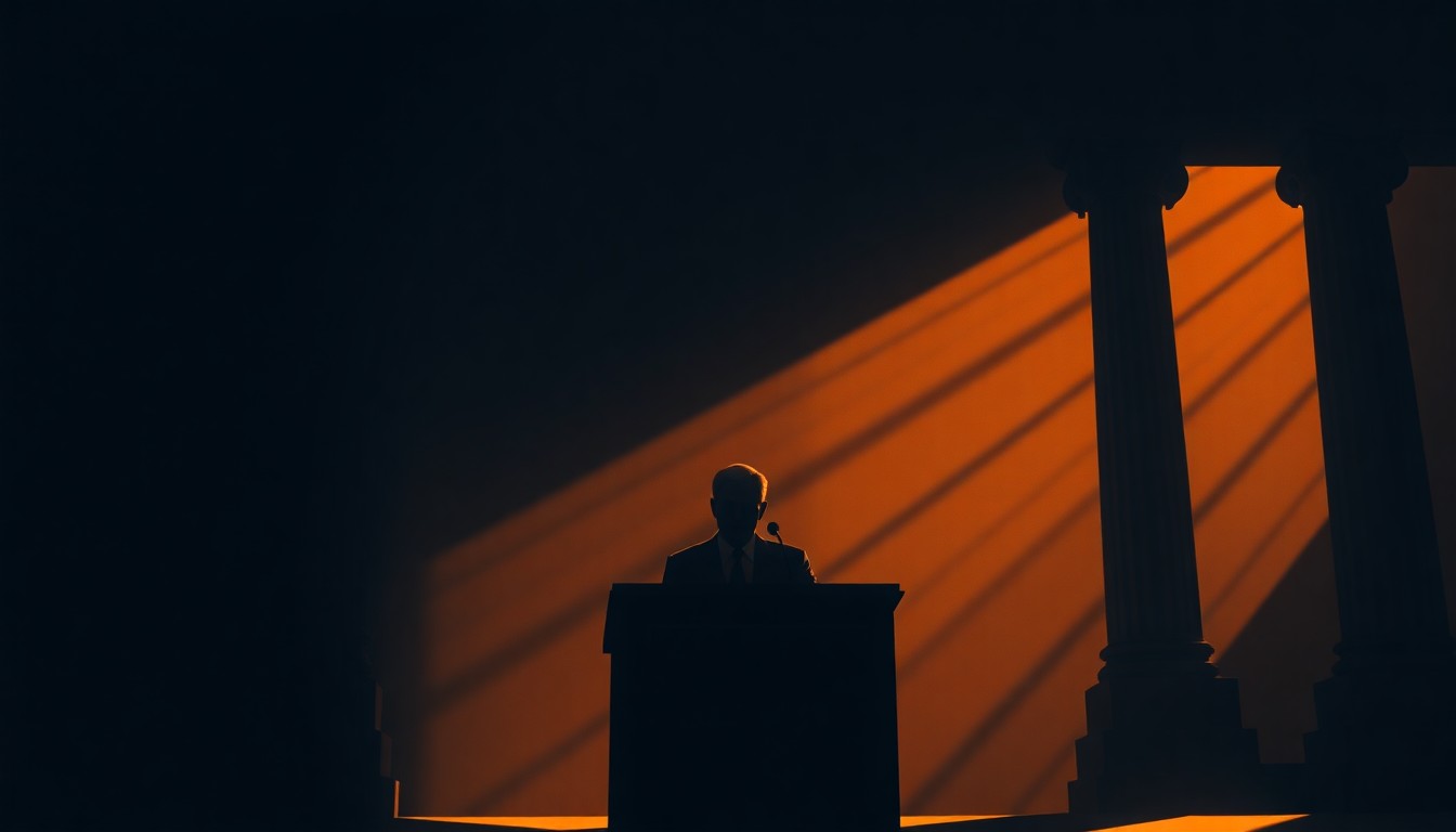 A dimly lit, cinematic painting of a solitary podium or government building, with warm light casting dramatic shadows across the scene, conceptually representing the private tensions within the Trump marriage.