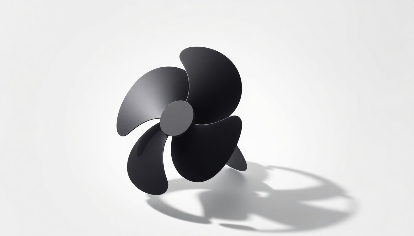 A high-end, photorealistic studio still-life photograph of a sleek, modern electric fan with a smooth, matte black finish floating on a clean, white seamless background. The fan is slightly tilted, casting a dramatic shadow that fills the frame, emphasizing its simple, geometric form and premium materials.