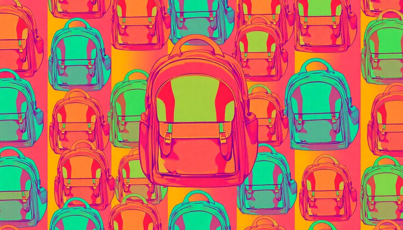 A vibrant, high-contrast silkscreen print of a military-themed backpack repeated in a grid pattern, conveying the celebratory and community-focused nature of the Purple Star school recognition program.