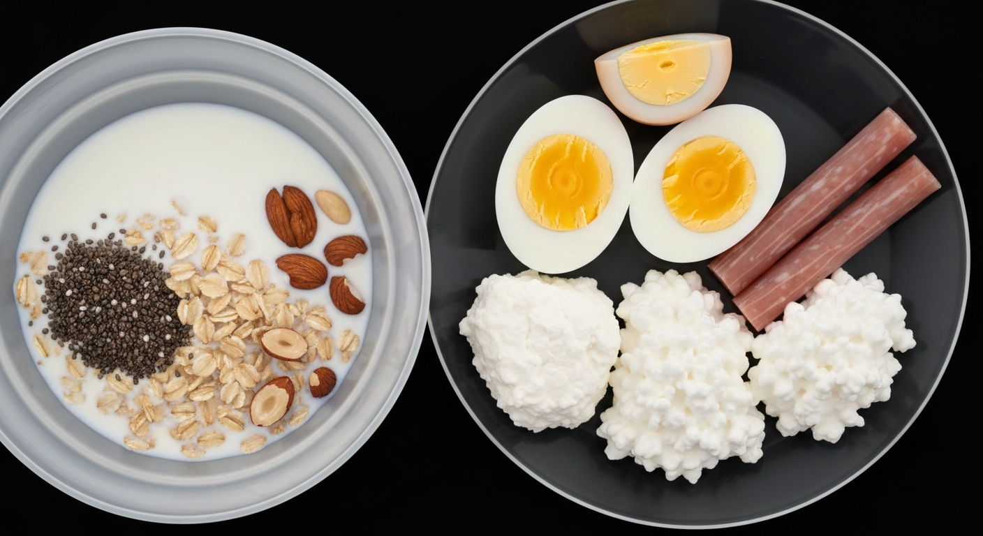 A ghostly, translucent X-ray photograph showing the internal structures of a protein-rich meal, with glowing lines defining the various ingredients like oats, nuts, and dairy products.