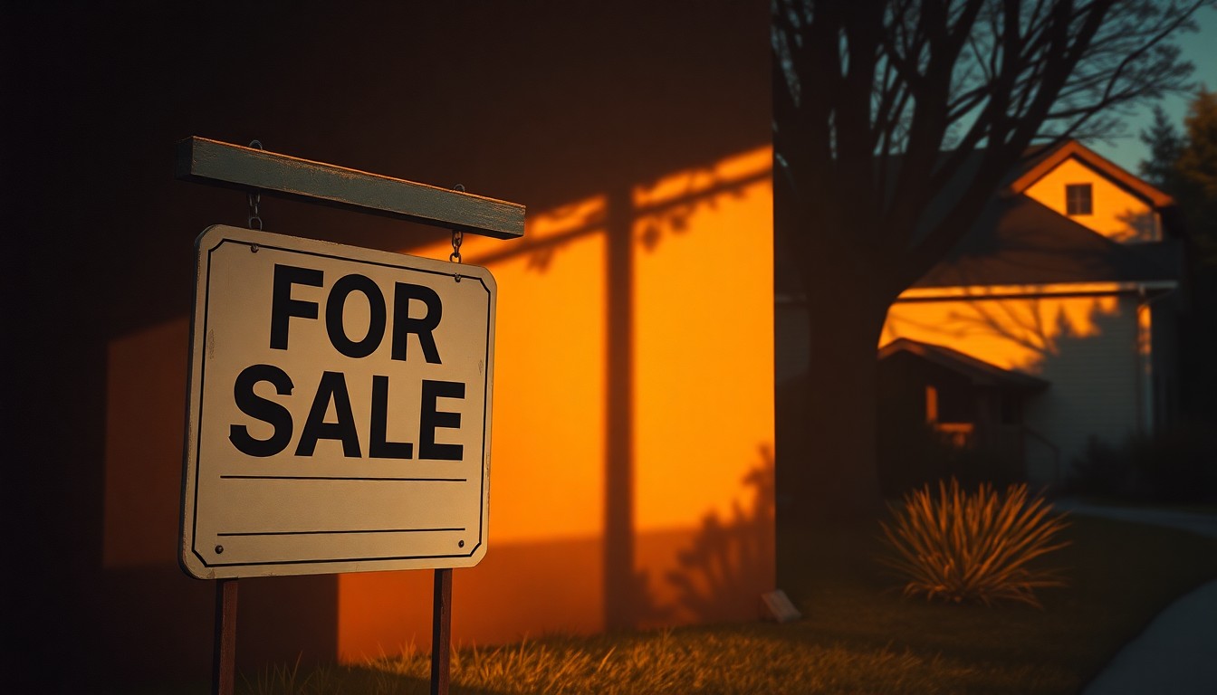 A serene, nostalgic painting of an old 'For Sale' sign on a residential property, with the sign and surrounding area bathed in warm, golden sunlight and deep shadows, conveying a sense of quiet unease about property ownership.