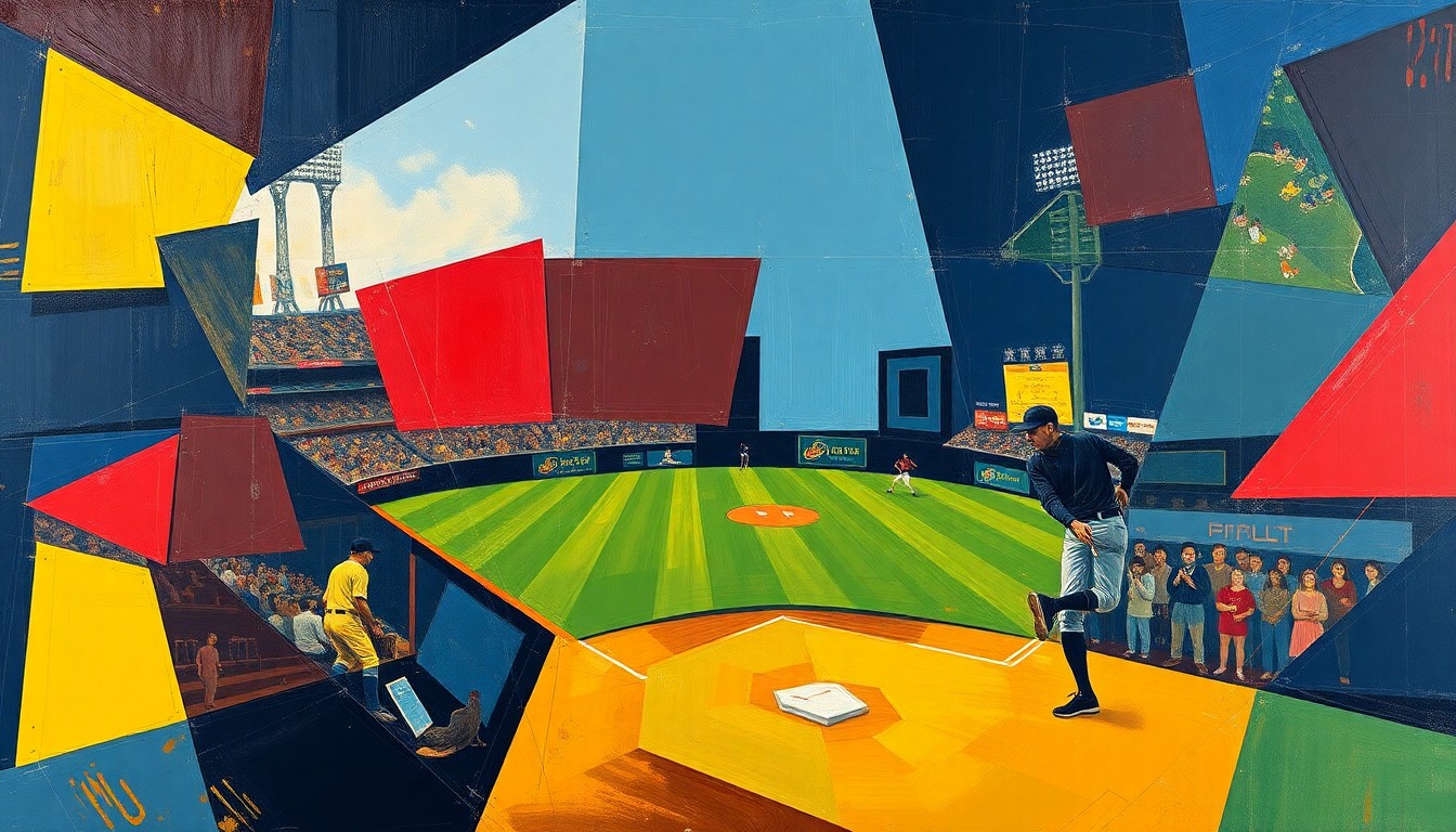 A fragmented, geometric painting depicting the overlapping planes and perspectives of a baseball game or match, rendered in a cubist style with bold navy, crimson, and yellow hues.