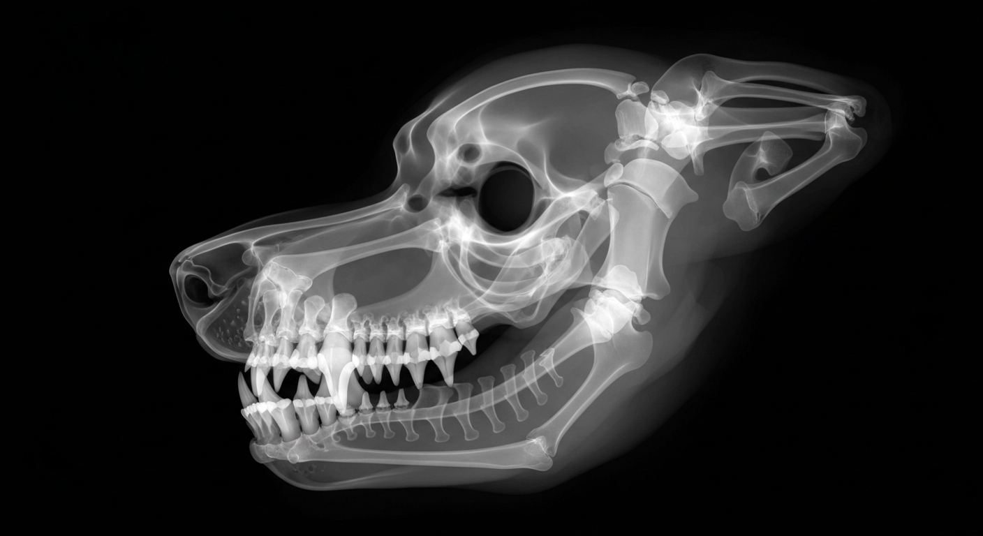A translucent X-ray photograph showing the bone structure and teeth of a dog's head, conceptually illustrating the internal workings of a pet's health.