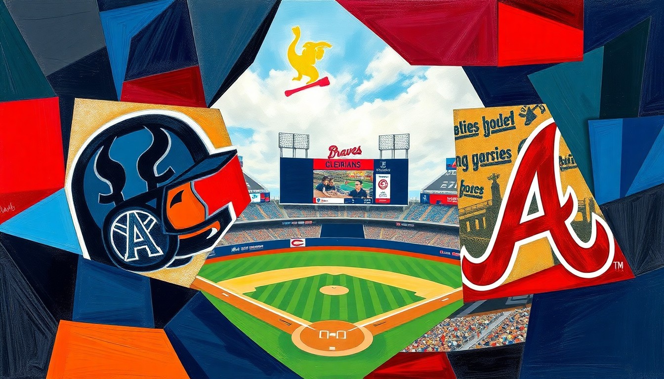 A fractured, geometric painting depicting a baseball game in progress, with the players and field broken down into overlapping planes of vibrant colors representing the uniforms of the Cleveland Guardians and Atlanta Braves.