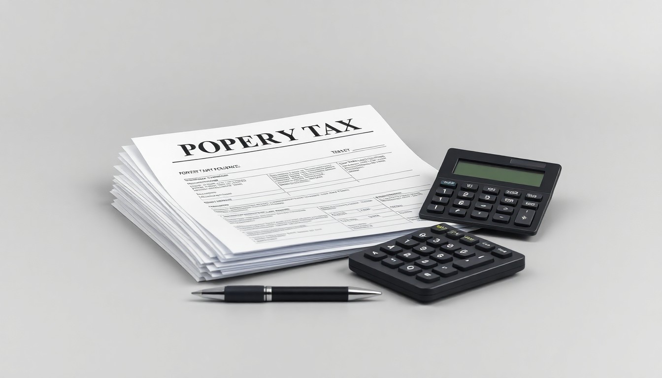 A photorealistic studio photograph featuring a stack of official-looking property tax documents, a pen, and a calculator arranged on a clean, monochromatic grey background, conceptually representing the civic responsibility of paying local taxes.