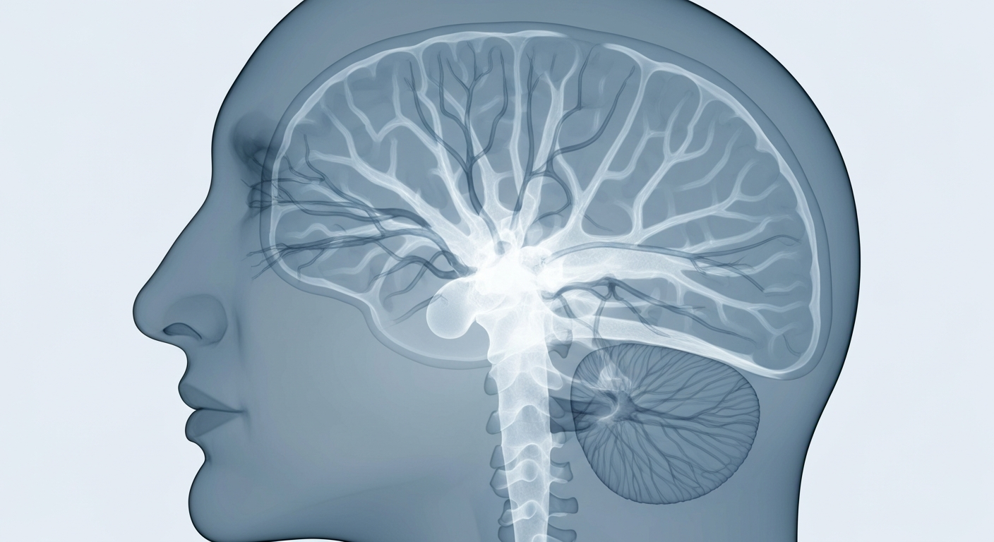An ethereal, ghostly X-ray image showing the complex neural pathways and structures of the human brain, conveying the scientific complexity of Parkinson's disease and the need for innovative research to find treatments and cures.